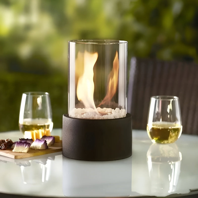 Stylish Tabletop Firepit with Black Metal Base and Glass Body