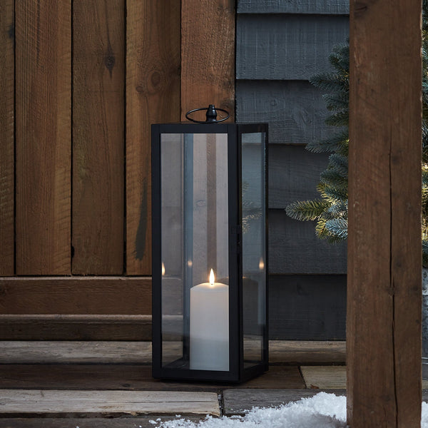 Large Bowen Garden Lantern with LED Outdoor Candle – Black Metal Lantern for Outdoor Spaces