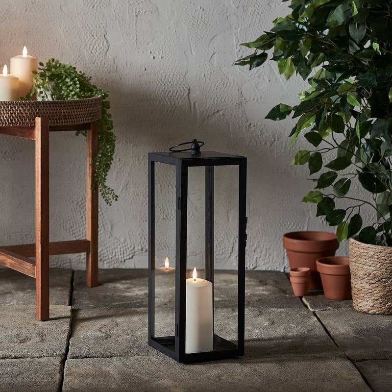 Large Bowen Garden Lantern with LED Outdoor Candle – Black Metal Lantern for Outdoor Spaces