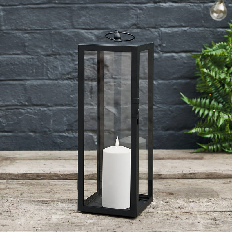 Large Bowen Garden Lantern with LED Outdoor Candle – Black Metal Lantern for Outdoor Spaces