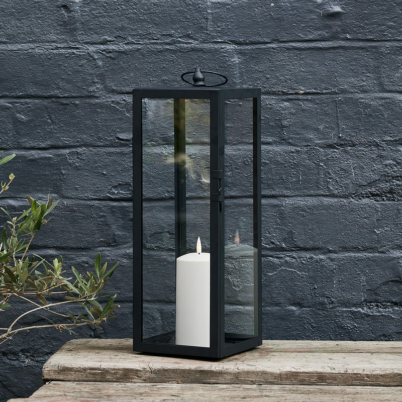 Large Bowen Garden Lantern with LED Outdoor Candle – Black Metal Lantern for Outdoor Spaces