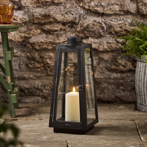 Large Capri Garden Lantern with LED Candle – Black Metal Outdoor Lantern for Patios & Gardens