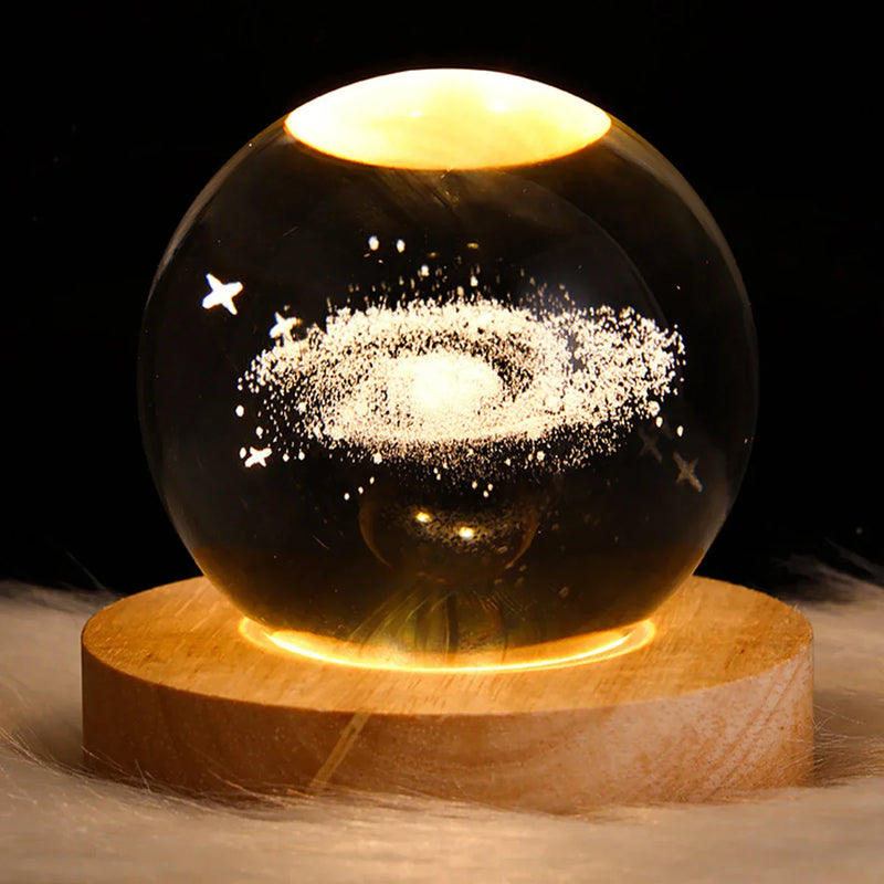 3D Galaxy Crystal Ball Lamp – Illuminated Planet Night Light with Wooden Base