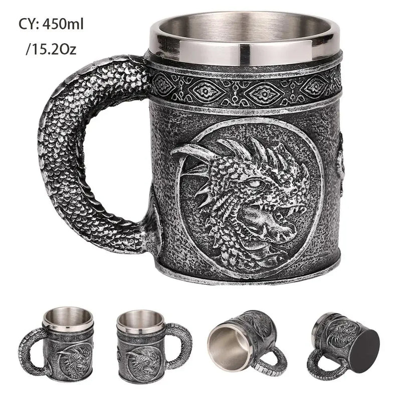 Medieval Dragon Stainless Steel Tankard – Unique Gothic Resin Mug for Coffee, Tea, or Beer