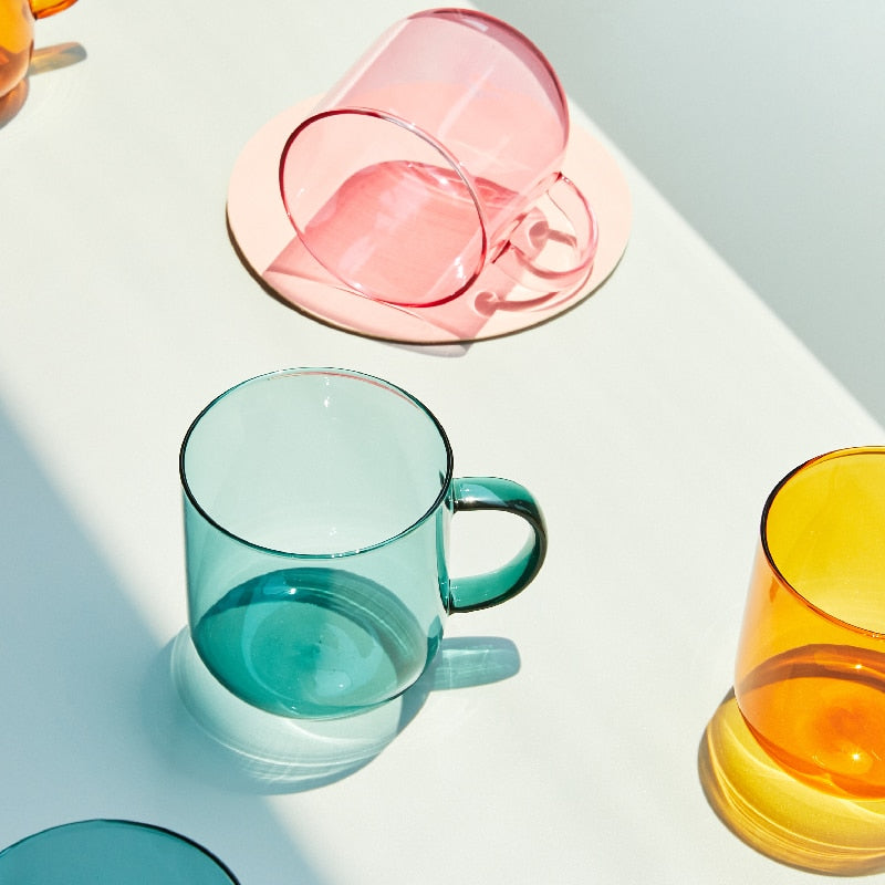 Heat-Resistant Coloured Glass Mug with Handle – Modern Nordic Design for Coffee, Milk, and Breakfast Beverages