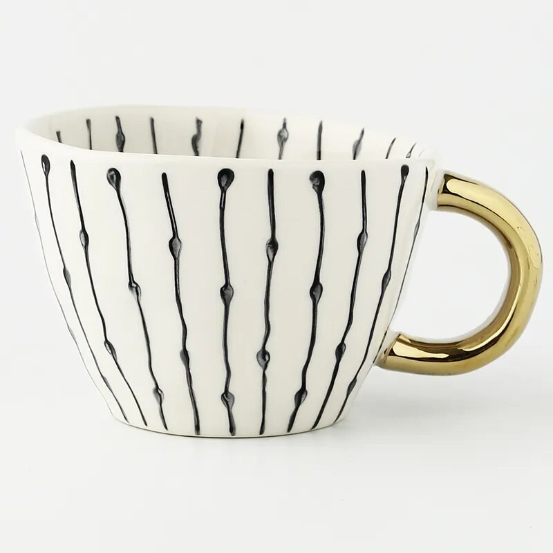 Luxurious Geometric Ceramic Mug with Gold Handle – Modern Coffee Cup for Everyday Elegance