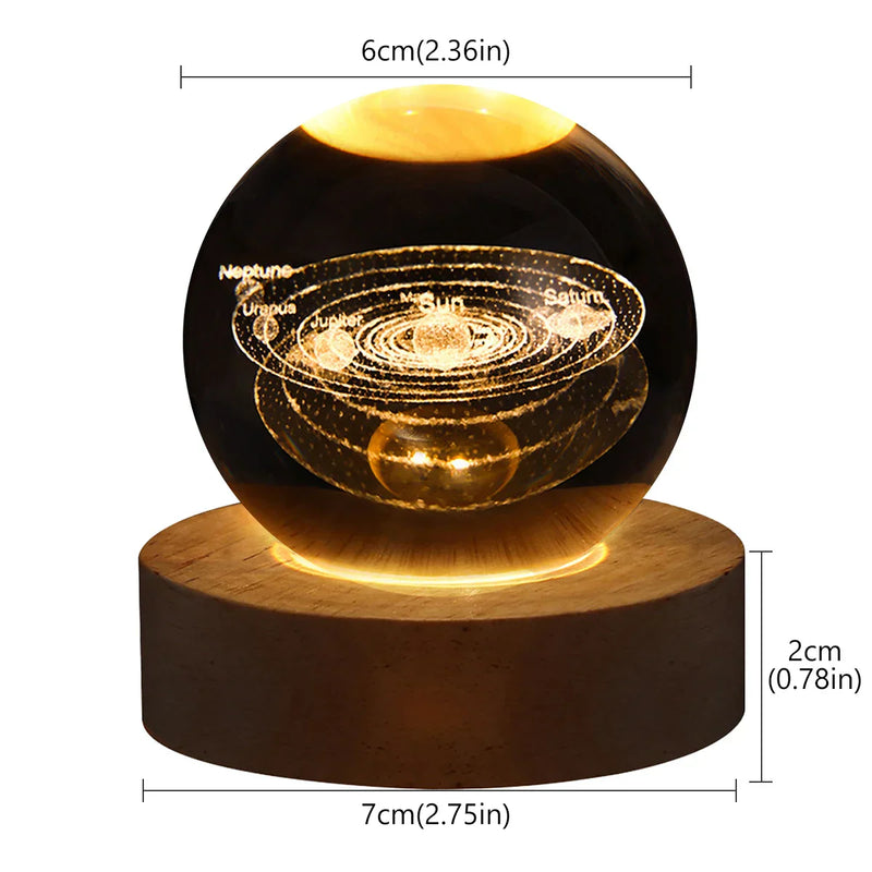 3D Galaxy Crystal Ball Lamp – Illuminated Planet Night Light with Wooden Base