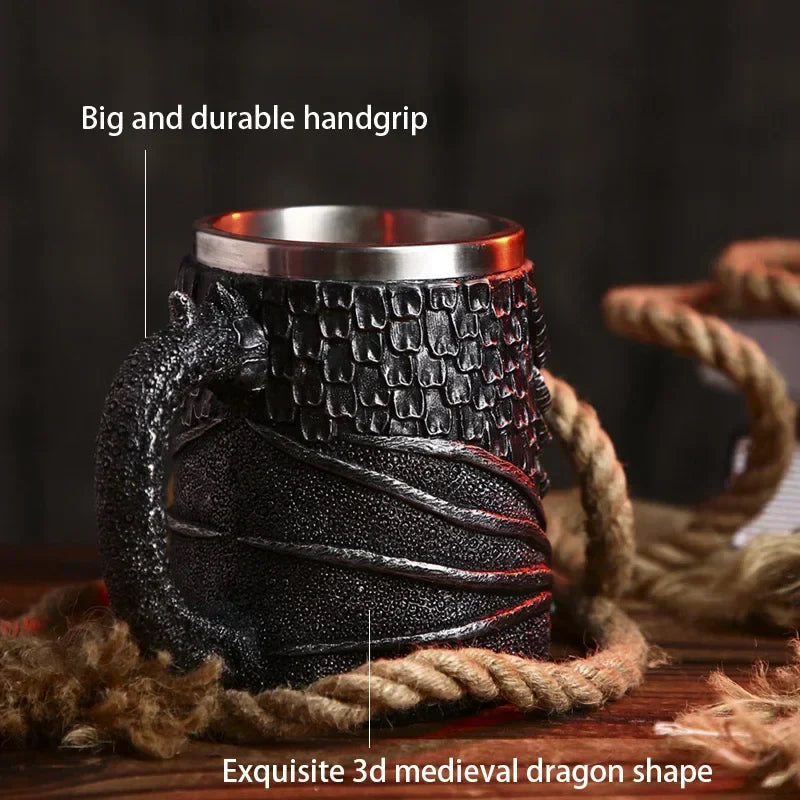 Medieval Dragon Stainless Steel Tankard – Unique Gothic Resin Mug for Coffee, Tea, or Beer