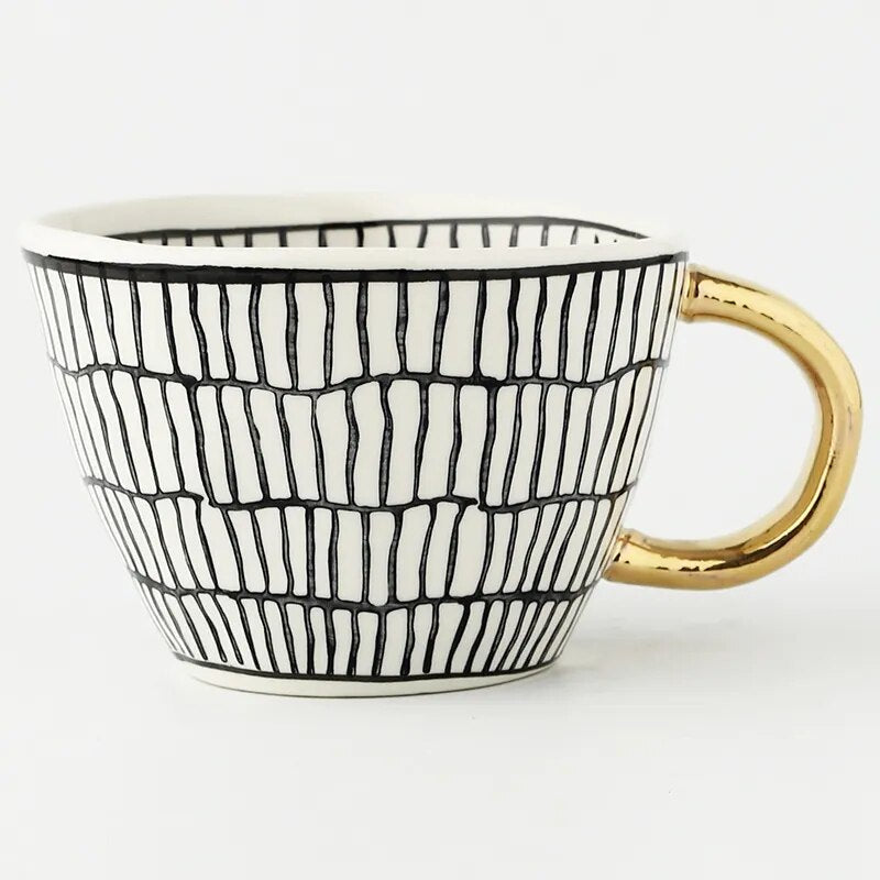 Luxurious Geometric Ceramic Mug with Gold Handle – Modern Coffee Cup for Everyday Elegance