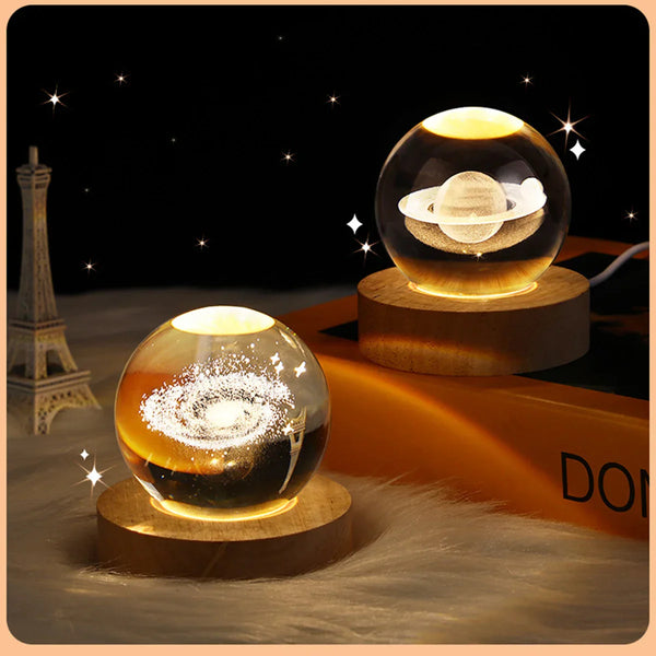 3D Galaxy Crystal Ball Lamp – Illuminated Planet Night Light with Wooden Base