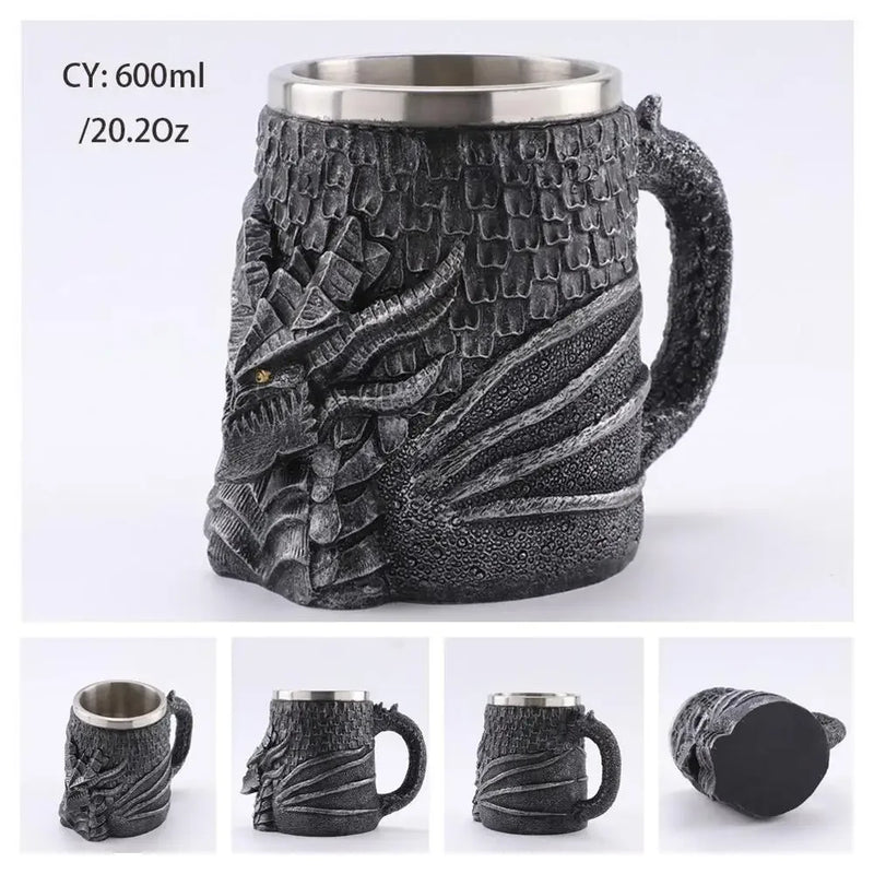 Medieval Dragon Stainless Steel Tankard – Unique Gothic Resin Mug for Coffee, Tea, or Beer