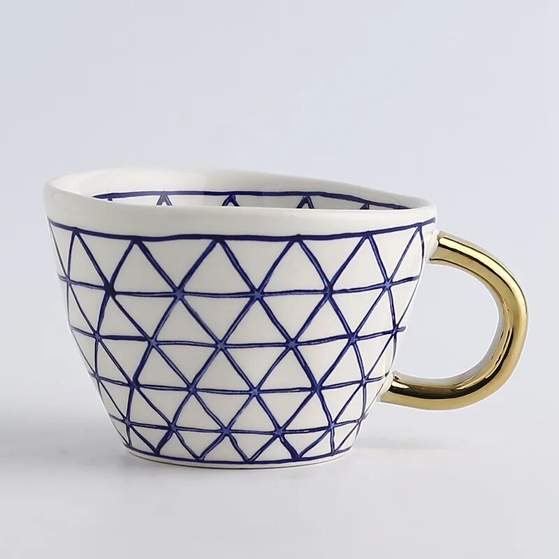 Luxurious Geometric Ceramic Mug with Gold Handle – Modern Coffee Cup for Everyday Elegance