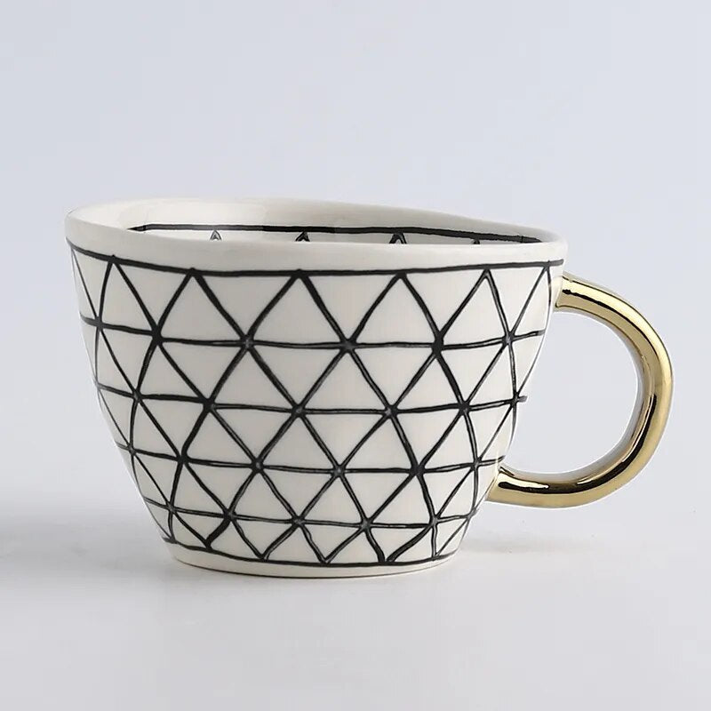 Luxurious Geometric Ceramic Mug with Gold Handle – Modern Coffee Cup for Everyday Elegance