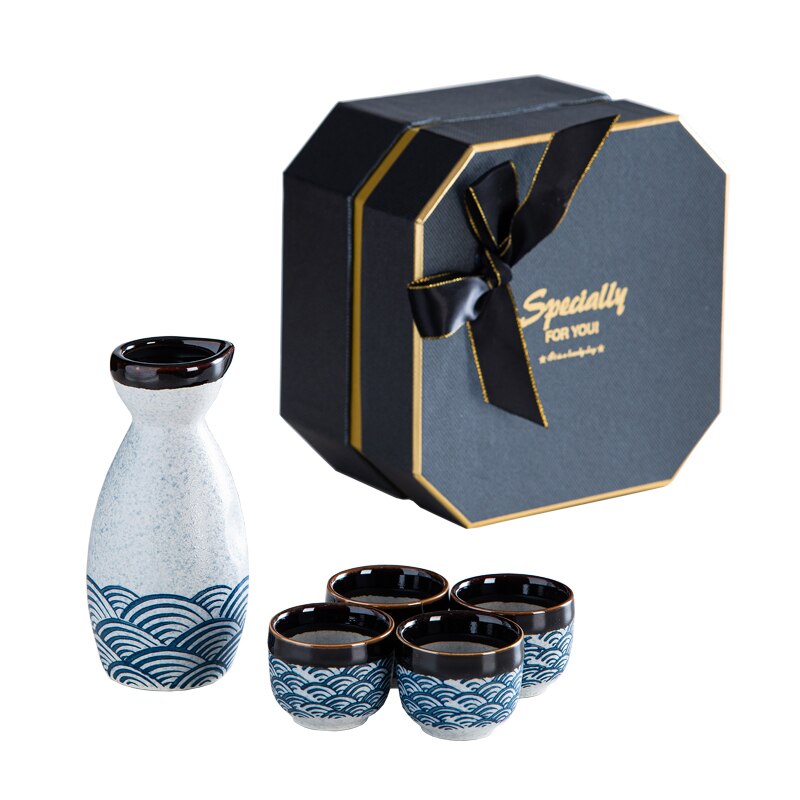 Traditional Japanese Ceramic Sake Set – 5-Piece Elegant Blue Wave Design for Home and Entertaining