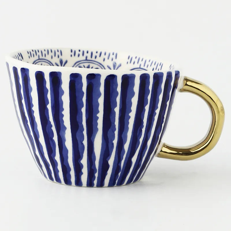 Luxurious Geometric Ceramic Mug with Gold Handle – Modern Coffee Cup for Everyday Elegance