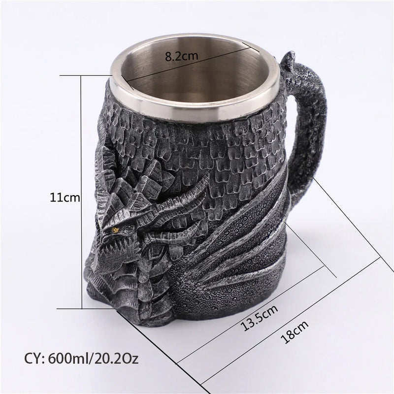 Medieval Dragon Stainless Steel Tankard – Unique Gothic Resin Mug for Coffee, Tea, or Beer