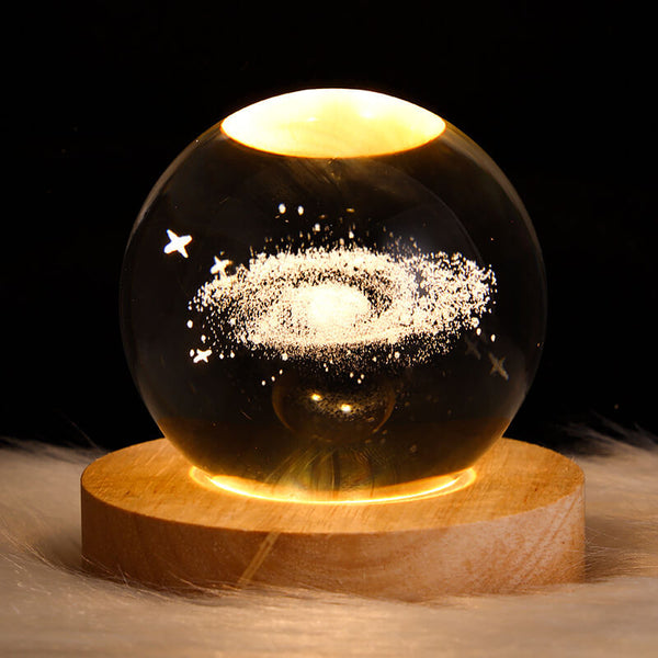 3D Crystal Galaxy LED Night Light – Saturn & Galaxy Design on Wooden Base