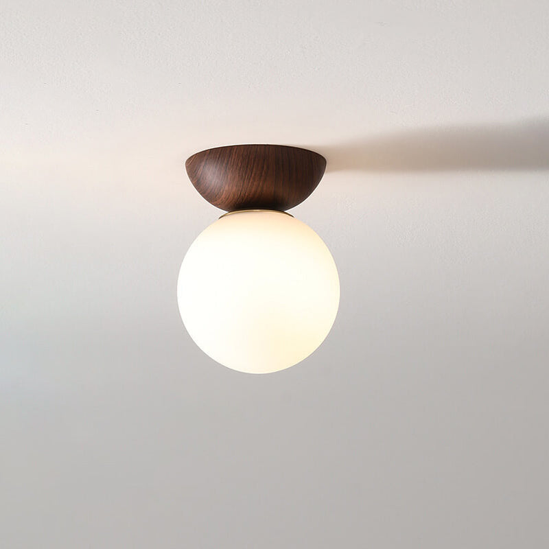 Nordic Japanese Glass Globe Ceiling Light with Wooden Grain Finish