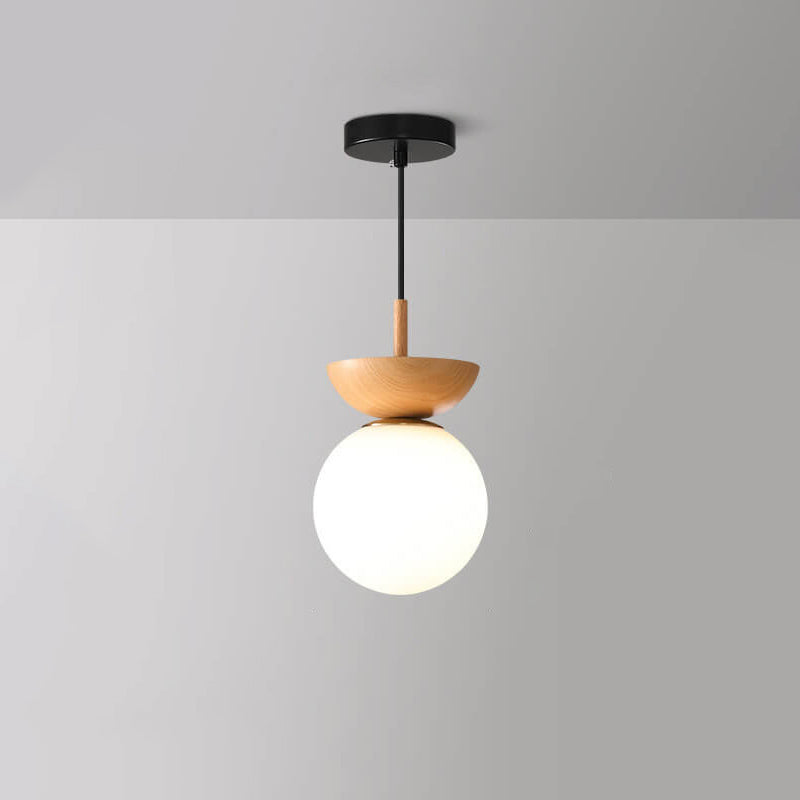 Nordic Japanese Glass Globe Ceiling Light with Wooden Grain Finish