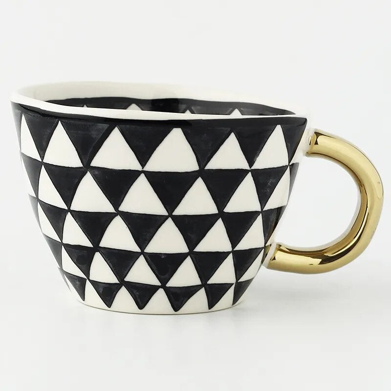 Luxurious Geometric Ceramic Mug with Gold Handle – Modern Coffee Cup for Everyday Elegance