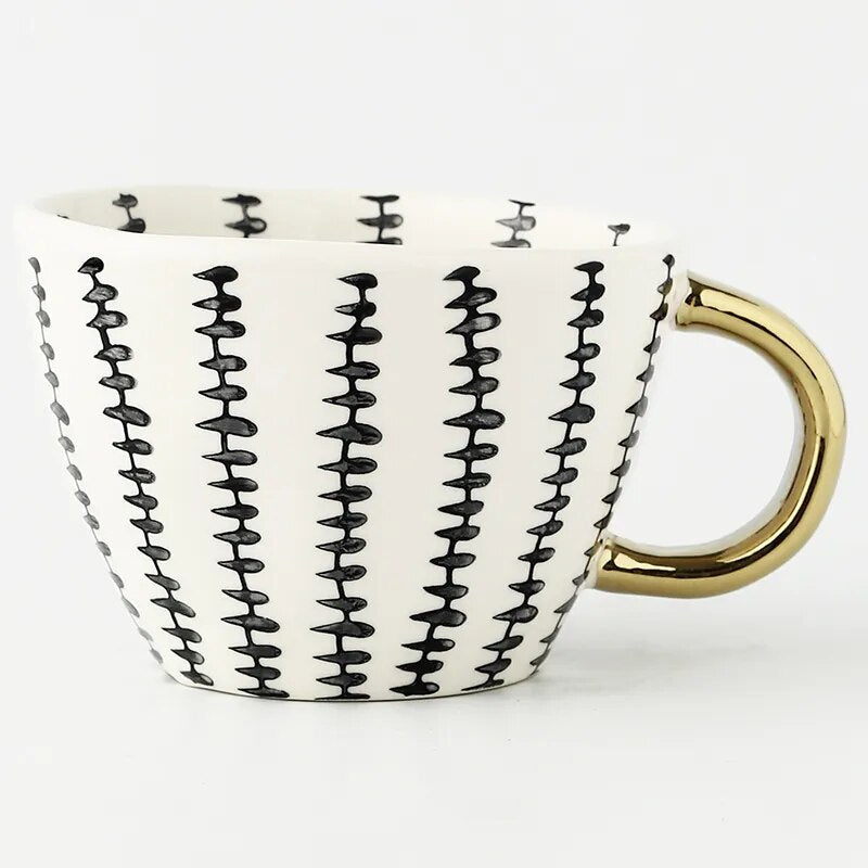 Luxurious Geometric Ceramic Mug with Gold Handle – Modern Coffee Cup for Everyday Elegance