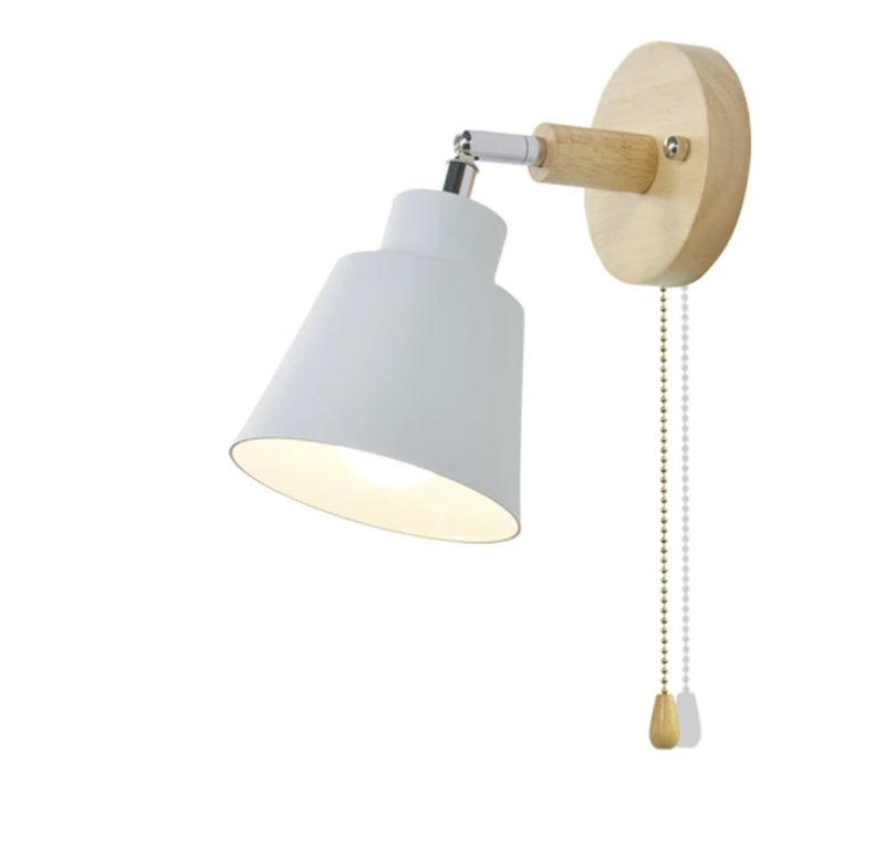 Elegant Nordic Wall Lamp with Wooden Mount – Adjustable with Pull Chain Switch