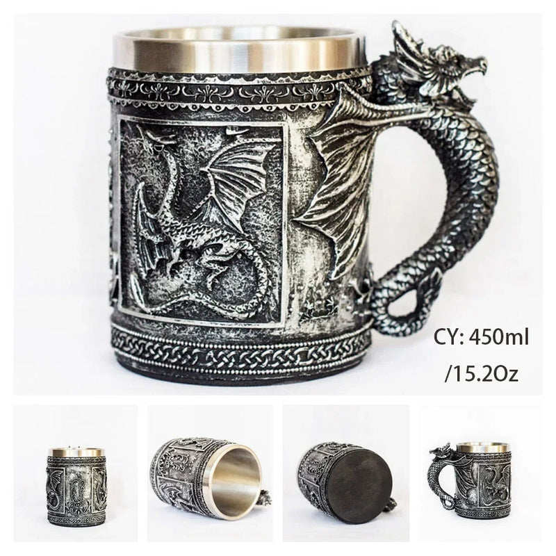 Medieval Dragon Stainless Steel Tankard – Unique Gothic Resin Mug for Coffee, Tea, or Beer