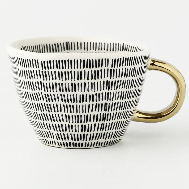 Luxurious Geometric Ceramic Mug with Gold Handle – Modern Coffee Cup for Everyday Elegance