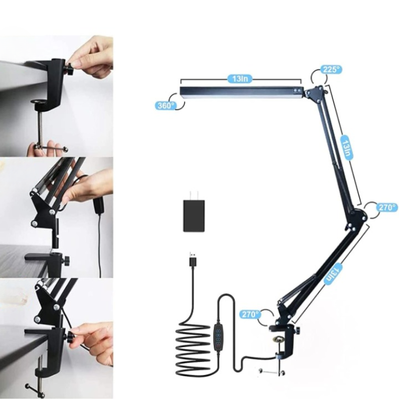 Adjustable LED Desk Lamp with Clamp – Eye-Friendly Swing Arm Lamp with 3 Colour Modes, 10 Brightness Levels & Memory Function