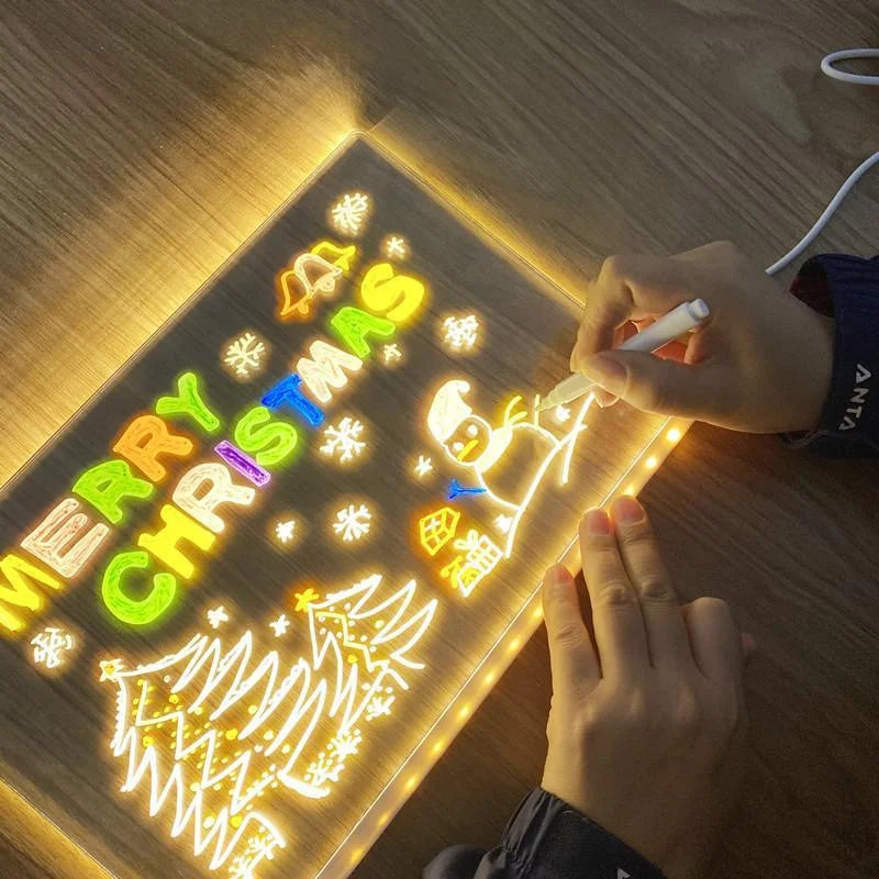 LED Glow Drawing and Message Board for Kids – Colourful Light-Up Writing Pad with Adjustable Stand and Reusable Markers