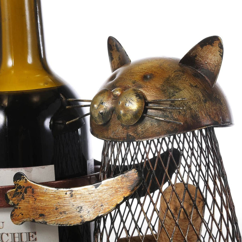 Charming Cat Wine Bottle and Cork Holder – Decorative Metal Wine Rack