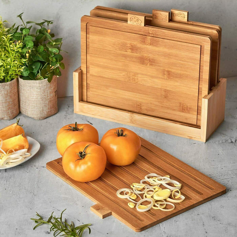 Premium 4-Piece Bamboo Chopping Board Set with Organised Holder