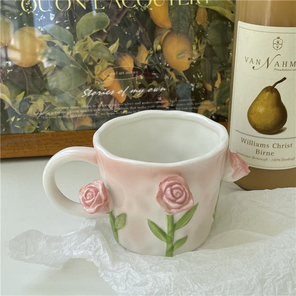 3D Floral Hand-Painted Ceramic Mug – Elegant Tulip & Rose Design