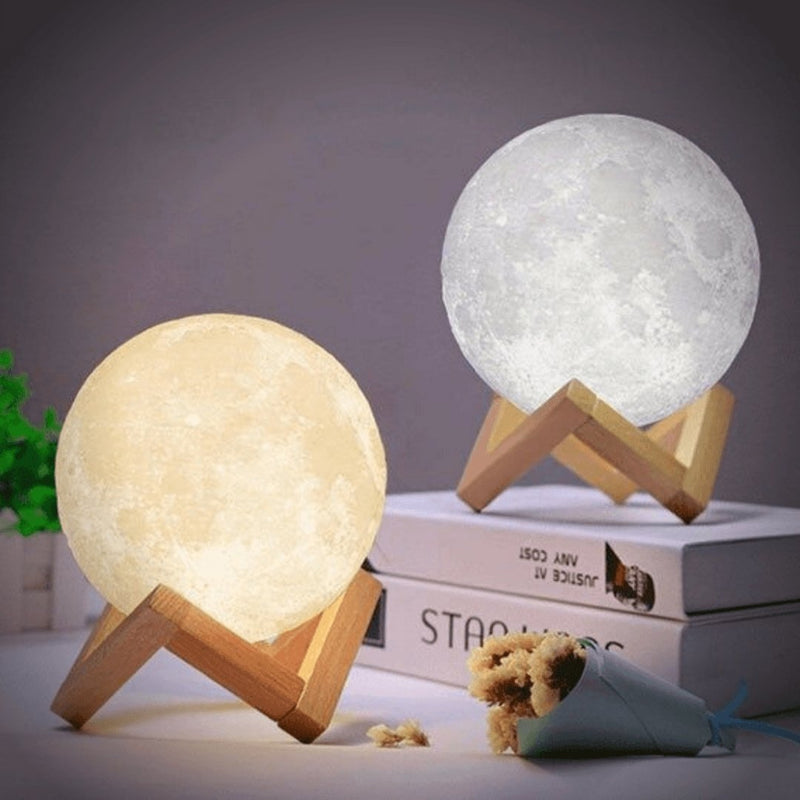 3D Moon Lamp – Rechargeable Touch-Control Lunar Light with Wooden Stand