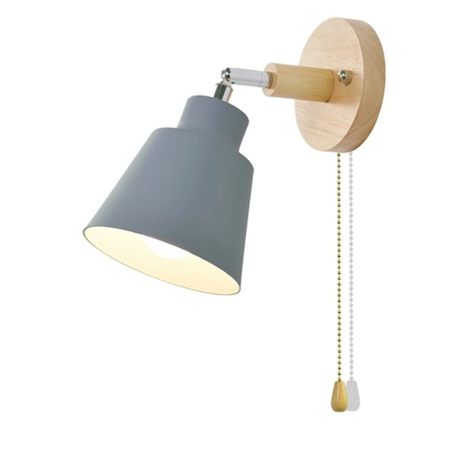 Elegant Nordic Wall Lamp with Wooden Mount – Adjustable with Pull Chain Switch