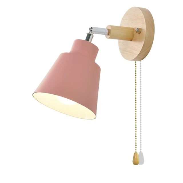 Elegant Nordic Wall Lamp with Wooden Mount – Adjustable with Pull Chain Switch