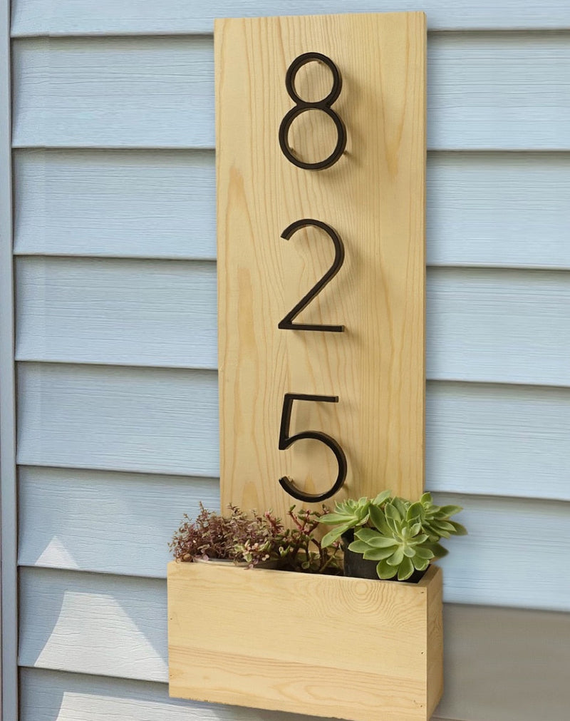 Modern Wooden Address Plaque with Planter – Elegant House Number Display