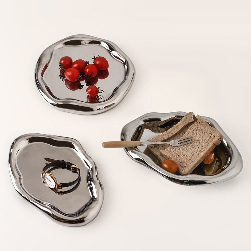 Modern Irregular Chrome Ceramic Tray – Decorative Dish for Snacks, Jewellery & More